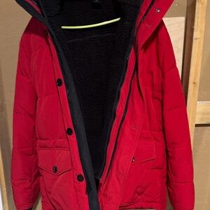 Express Men's Bright Red Quilted Puffer Jacket with Black Interior